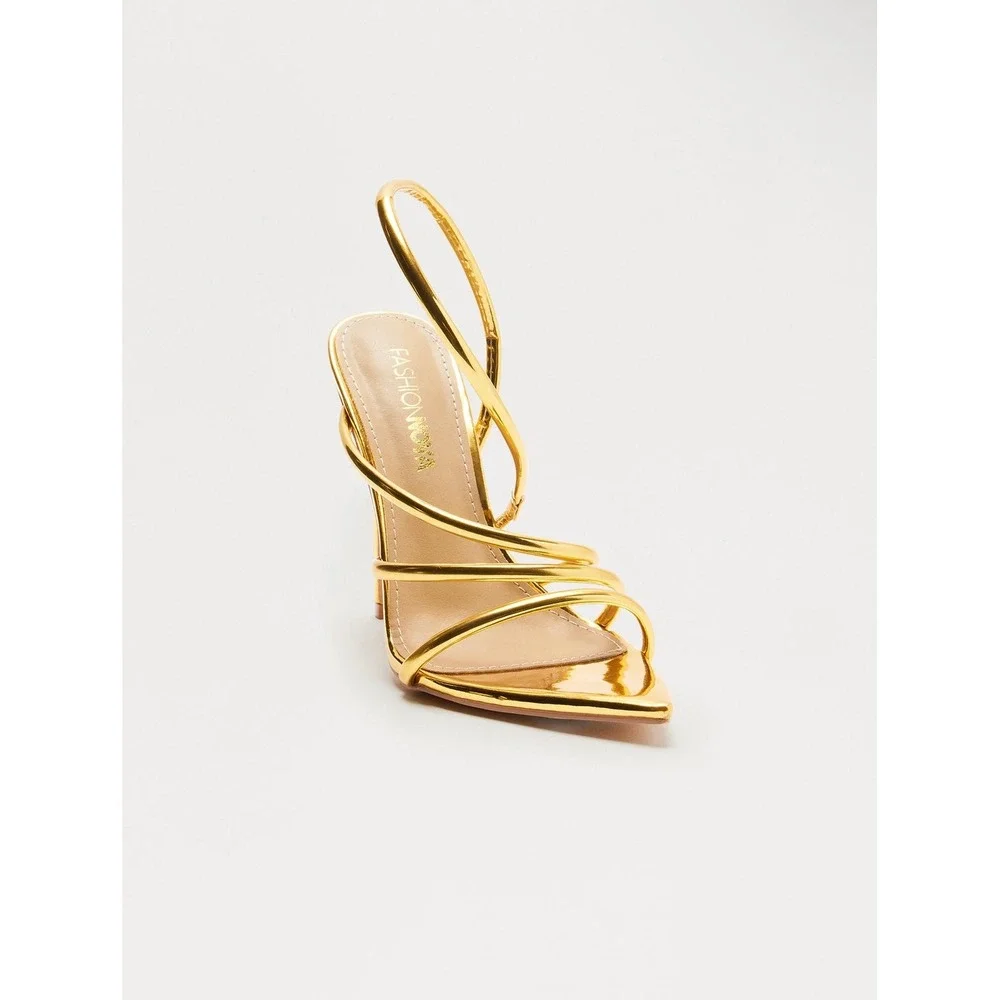Fashion Nova Ayala Gold Patent Slingback Heels 11‎ Strappy Stiletto Pointed Toe